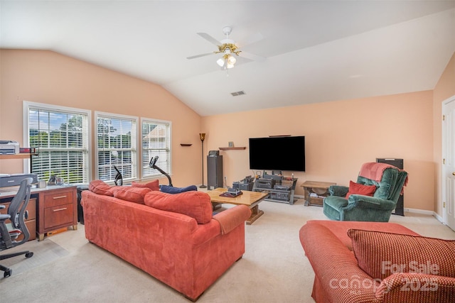 220 Holmes Ct, Concord, NC 28027 - living area with lofted ceiling, light colored carpet, ceiling fan, and a desk