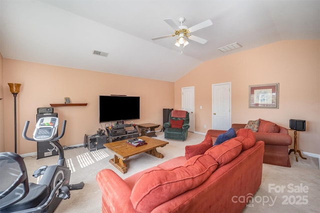 220 Holmes Ct, Concord, NC 28027 - living area featuring light carpet, vaulted ceiling, and a ceiling fan