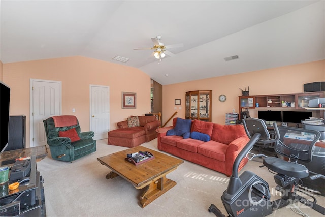 220 Holmes Ct, Concord, NC 28027 - carpeted living room featuring lofted ceiling and ceiling fan