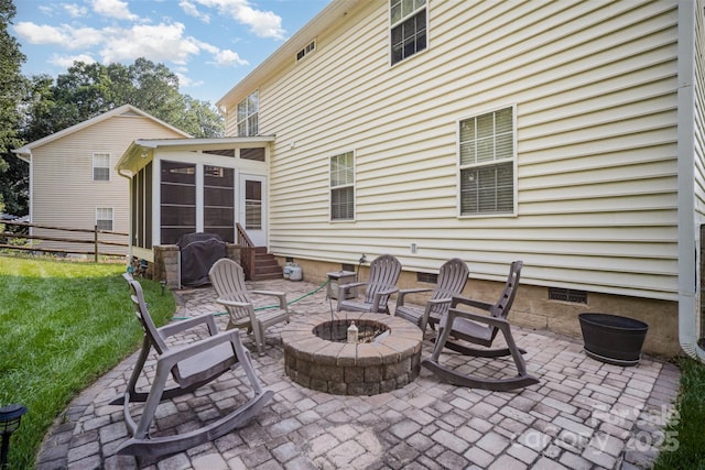 220 Holmes Ct, Concord, NC 28027 - view of patio featuring a sunroom, a fire pit, grilling area, and entry steps