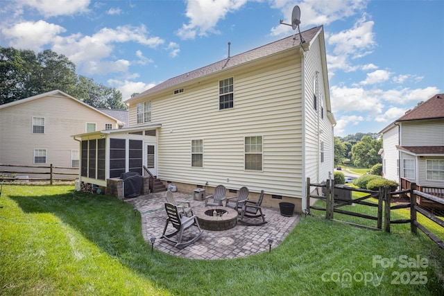 220 Holmes Ct, Concord, NC 28027 - back of property featuring a sunroom, a patio area, a fenced backyard, and a fire pit