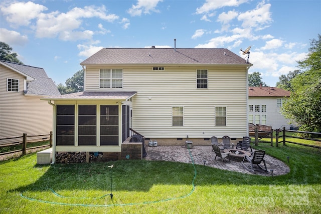 220 Holmes Ct, Concord, NC 28027 - rear view of property featuring a patio area, a sunroom, a fenced backyard, and an outdoor fire pit