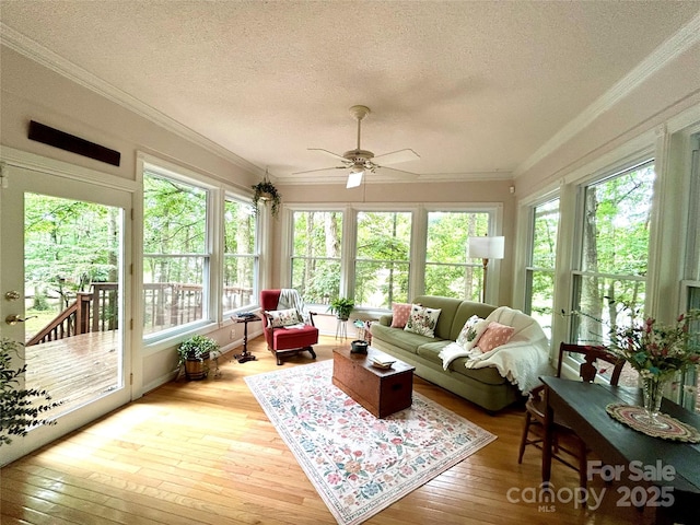 143 Uwharrie Ct Unit 1080, 1081, Mount Gilead, NC 27306 - sunroom / solarium featuring a textured ceiling, crown molding, plenty of natural light, hardwood / wood-style flooring, and a deck