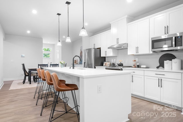 6365 Ashton Park Dr, Denver, NC 28037 - kitchen with appliances with stainless steel finishes, under cabinet range hood, an island with sink, backsplash, and a kitchen bar