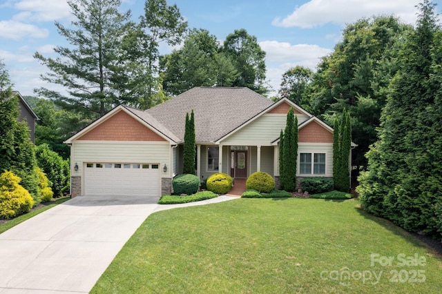 59 Ledgestone Dr, Fairview, NC 28730 - craftsman-style house with stone siding, a front yard, a garage, driveway, and covered porch