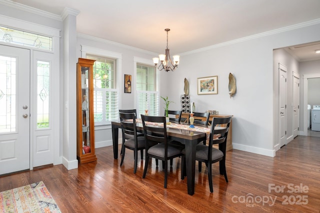 59 Ledgestone Dr, Fairview, NC 28730 - dining space with a chandelier, dark wood-style floors, ornamental molding, and washer / clothes dryer