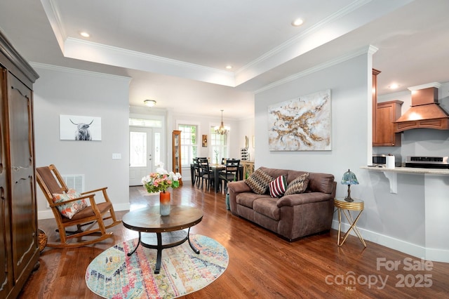 59 Ledgestone Dr, Fairview, NC 28730 - living room with dark wood finished floors, a chandelier, recessed lighting, and crown molding