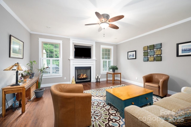 59 Ledgestone Dr, Fairview, NC 28730 - living room with crown molding, wood finished floors, a ceiling fan, and a warm lit fireplace