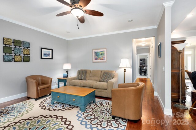 59 Ledgestone Dr, Fairview, NC 28730 - living area with wood finished floors, a ceiling fan, and ornamental molding