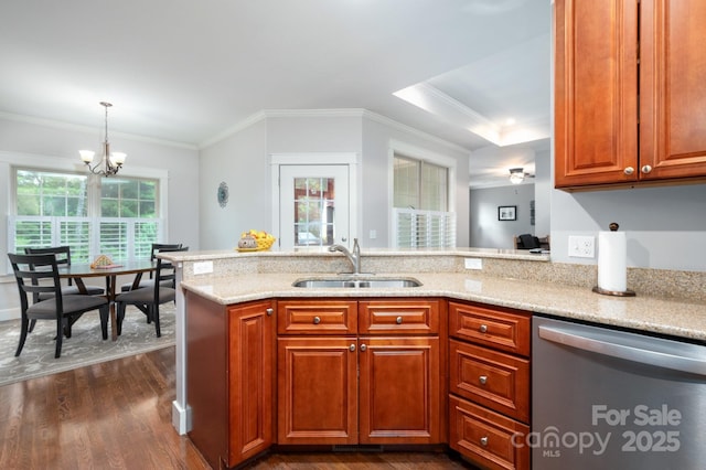 59 Ledgestone Dr, Fairview, NC 28730 - kitchen featuring dishwasher, dark wood-type flooring, light stone countertops, a peninsula, and a chandelier