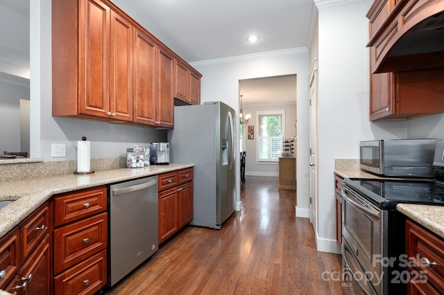 59 Ledgestone Dr, Fairview, NC 28730 - kitchen with stainless steel appliances, custom range hood, ornamental molding, dark wood-style floors, and light stone counters