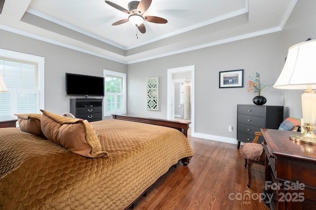 59 Ledgestone Dr, Fairview, NC 28730 - bedroom with a raised ceiling, wood finished floors, crown molding, a ceiling fan, and ensuite bathroom
