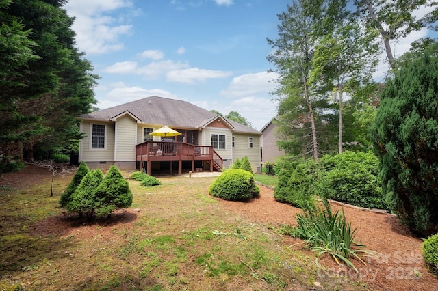 59 Ledgestone Dr, Fairview, NC 28730 - back of property with a wooden deck, crawl space, stairway, and a yard