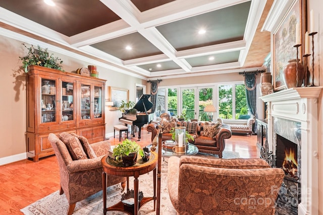 229 N Church St Unit 401, Charlotte, NC 28202 - living area with a fireplace, coffered ceiling, light wood-style floors, beam ceiling, and crown molding