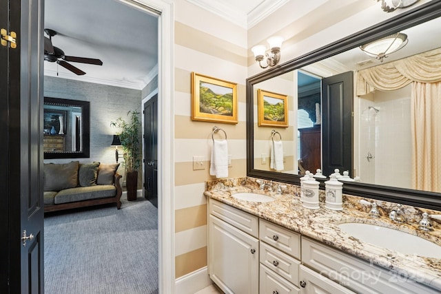 229 N Church St Unit 401, Charlotte, NC 28202 - bathroom with crown molding, double vanity, ceiling fan, and curtained shower