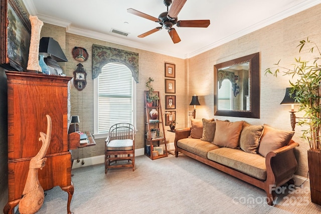 229 N Church St Unit 401, Charlotte, NC 28202 - living room with carpet, ceiling fan, and ornamental molding