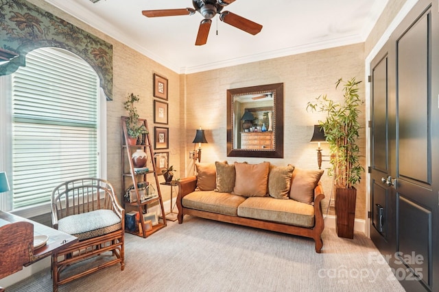 229 N Church St Unit 401, Charlotte, NC 28202 - living room with ceiling fan, plenty of natural light, light carpet, crown molding, and wallpapered walls
