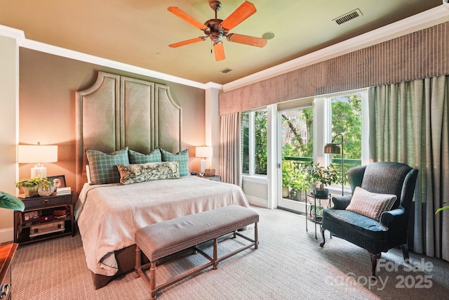 229 N Church St Unit 401, Charlotte, NC 28202 - bedroom featuring access to exterior, ornamental molding, light colored carpet, and ceiling fan