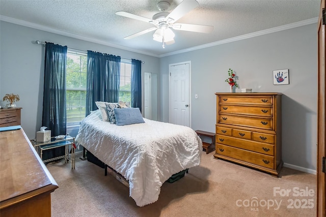 1828 Pine Hollow Pl, Hudson, NC 28638 - bedroom with light colored carpet, ornamental molding, a textured ceiling, and ceiling fan