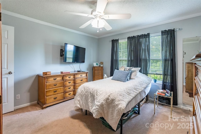 1828 Pine Hollow Pl, Hudson, NC 28638 - bedroom featuring ornamental molding, light carpet, a textured ceiling, and ceiling fan