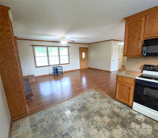 2963 Freezer Locker Rd, Hudson, NC 28638 - kitchen featuring white range with electric stovetop, black microwave, ornamental molding, a ceiling fan, and light countertops