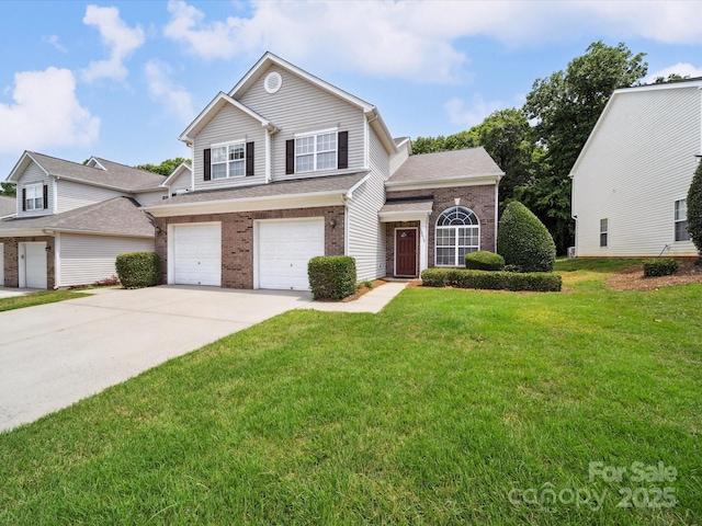 12415 Stratfield Place Cir, Pineville, NC 28134 - traditional home featuring driveway, brick siding, a garage, and a front lawn