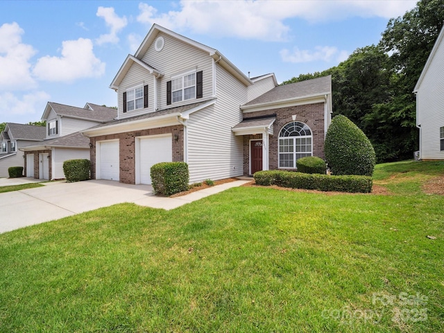12415 Stratfield Place Cir, Pineville, NC 28134 - traditional home featuring brick siding, concrete driveway, an attached garage, and a front yard