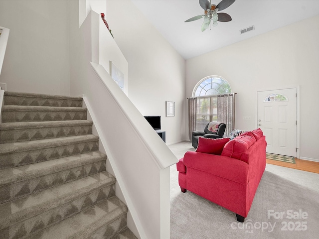 12415 Stratfield Place Cir, Pineville, NC 28134 - stairs featuring high vaulted ceiling, carpet floors, and ceiling fan