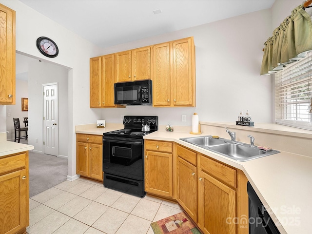 12415 Stratfield Place Cir, Pineville, NC 28134 - kitchen featuring black appliances, light countertops, light tile patterned floors, and light colored carpet