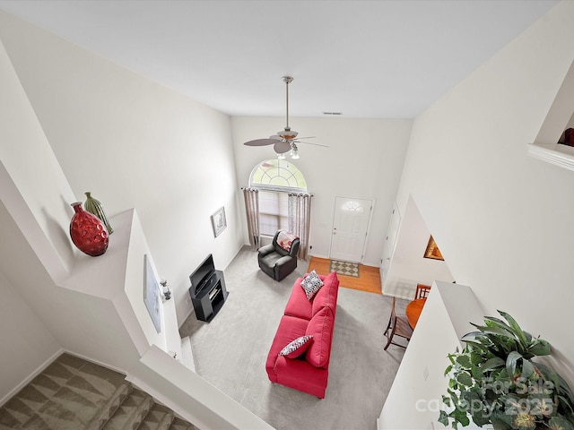 12415 Stratfield Place Cir, Pineville, NC 28134 - living area featuring a ceiling fan, high vaulted ceiling, and carpet