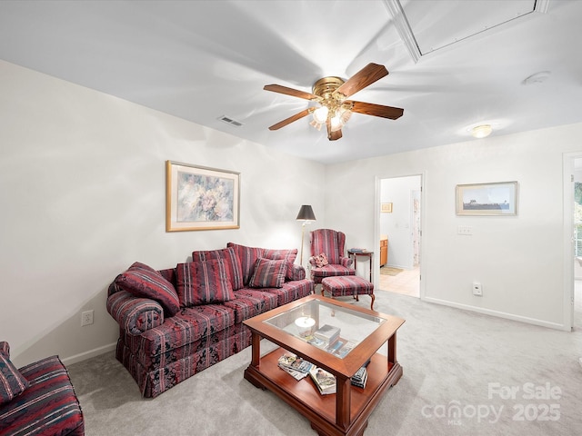 12415 Stratfield Place Cir, Pineville, NC 28134 - living room featuring attic access, a ceiling fan, and light carpet