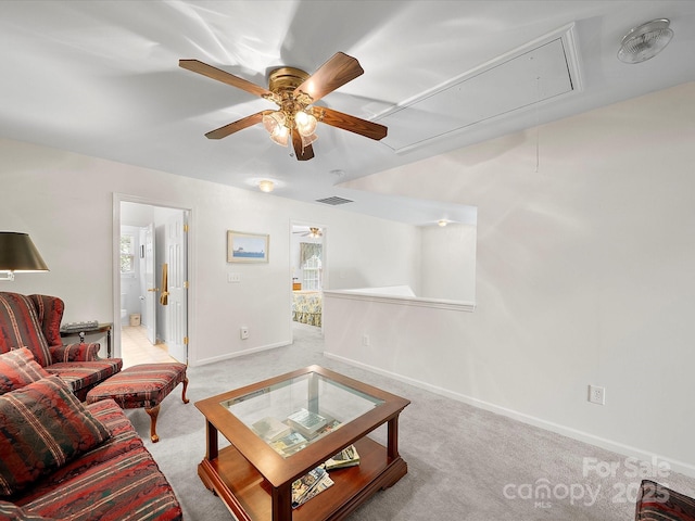 12415 Stratfield Place Cir, Pineville, NC 28134 - living area with attic access, light colored carpet, and ceiling fan