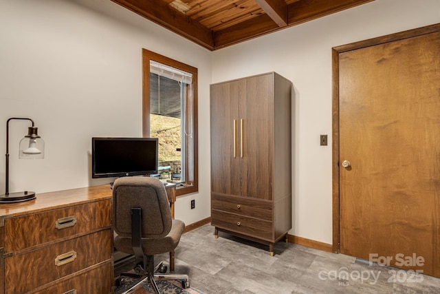 79 Creekside Ln, Spruce Pine, NC 28777 - home office featuring a wooden ceiling with exposed beams and baseboards