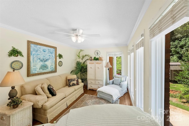 600 Queens Rd, Cherryville, NC 28021 - living room with crown molding, wood finished floors, ceiling fan, and a textured ceiling