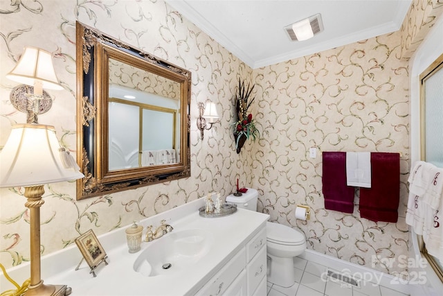 600 Queens Rd, Cherryville, NC 28021 - bathroom featuring crown molding, vanity, wallpapered walls, and tile patterned flooring