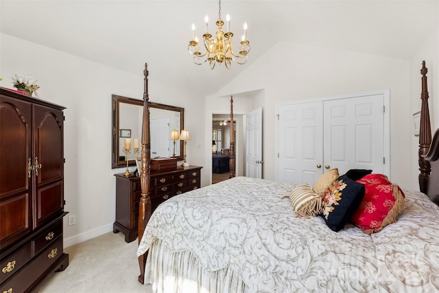 600 Queens Rd, Cherryville, NC 28021 - bedroom with a chandelier, light colored carpet, lofted ceiling, and a closet