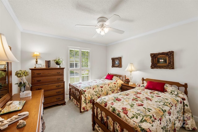 600 Queens Rd, Cherryville, NC 28021 - bedroom featuring light carpet, ornamental molding, a textured ceiling, and a ceiling fan