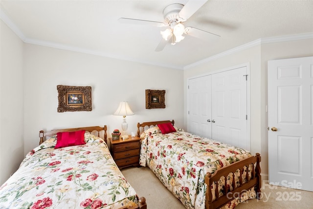 600 Queens Rd, Cherryville, NC 28021 - bedroom featuring light carpet, a closet, crown molding, and ceiling fan