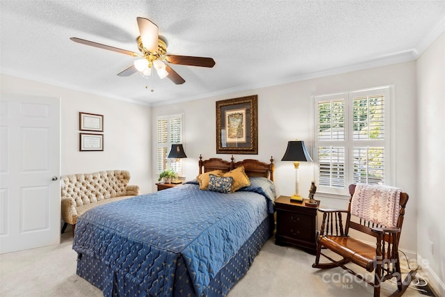600 Queens Rd, Cherryville, NC 28021 - bedroom with light colored carpet, ornamental molding, a textured ceiling, and ceiling fan