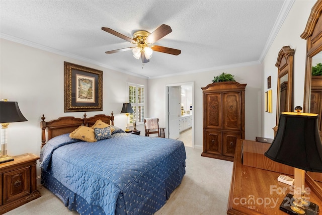 600 Queens Rd, Cherryville, NC 28021 - bedroom with light colored carpet, ornamental molding, a textured ceiling, ensuite bathroom, and ceiling fan