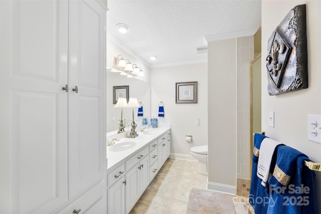 600 Queens Rd, Cherryville, NC 28021 - bathroom featuring double vanity, a textured ceiling, crown molding, and tile patterned floors