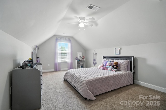 3256 Fairmead Dr, Concord, NC 28025 - bedroom featuring vaulted ceiling, carpet flooring, and ceiling fan