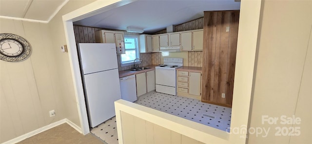 3682 Old Petra Mill Rd, Granite Falls, NC 28630 - kitchen featuring white appliances, under cabinet range hood, lofted ceiling, and light floors