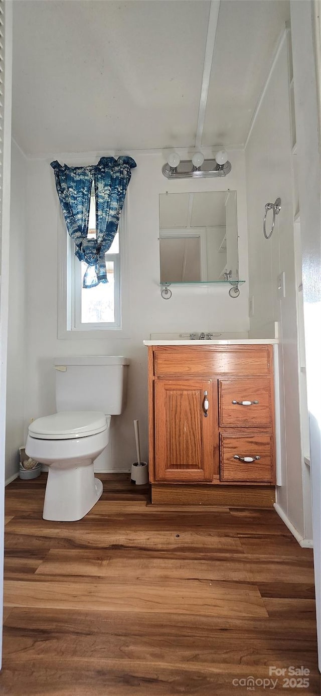 3682 Old Petra Mill Rd, Granite Falls, NC 28630 - half bath featuring vanity, wood finished floors, and beam ceiling