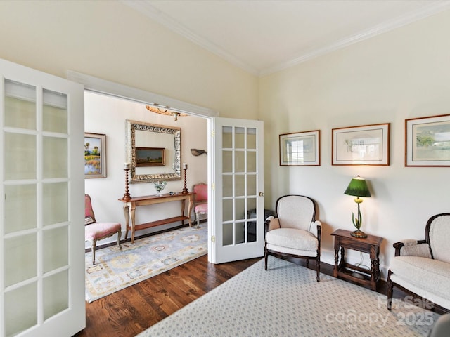 19205 Hidden Cove Ln, Cornelius, NC 28031 - sitting room with french doors, crown molding, and wood finished floors