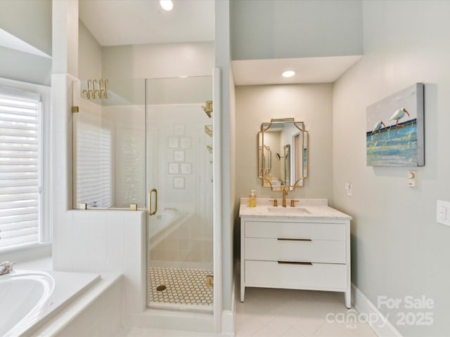 19205 Hidden Cove Ln, Cornelius, NC 28031 - bathroom featuring a shower stall, vanity, a bath, tile patterned floors, and recessed lighting
