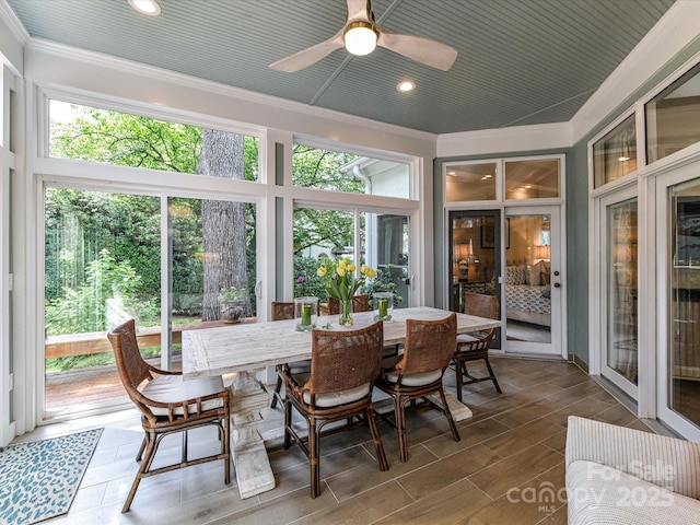 19205 Hidden Cove Ln, Cornelius, NC 28031 - sunroom featuring ornamental molding, a ceiling fan, outdoor dining area, and recessed lighting