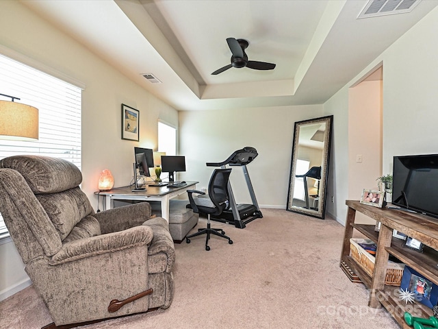 3009 Canopy Dr, Indian Trail, NC 28079 - office space with a tray ceiling, light colored carpet, and a ceiling fan