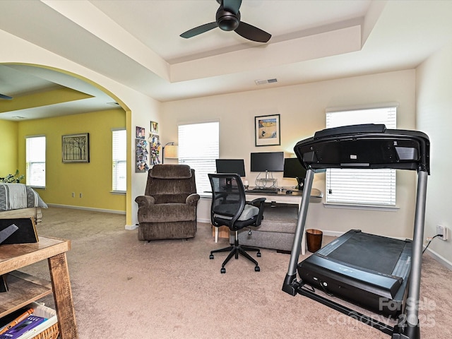 3009 Canopy Dr, Indian Trail, NC 28079 - office area featuring a raised ceiling, ceiling fan, arched walkways, and carpet floors