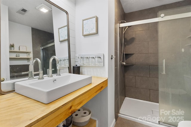 1507 Breckenwood Dr, Rock Hill, SC 29732 - bathroom featuring a shower stall, vanity, and a textured ceiling